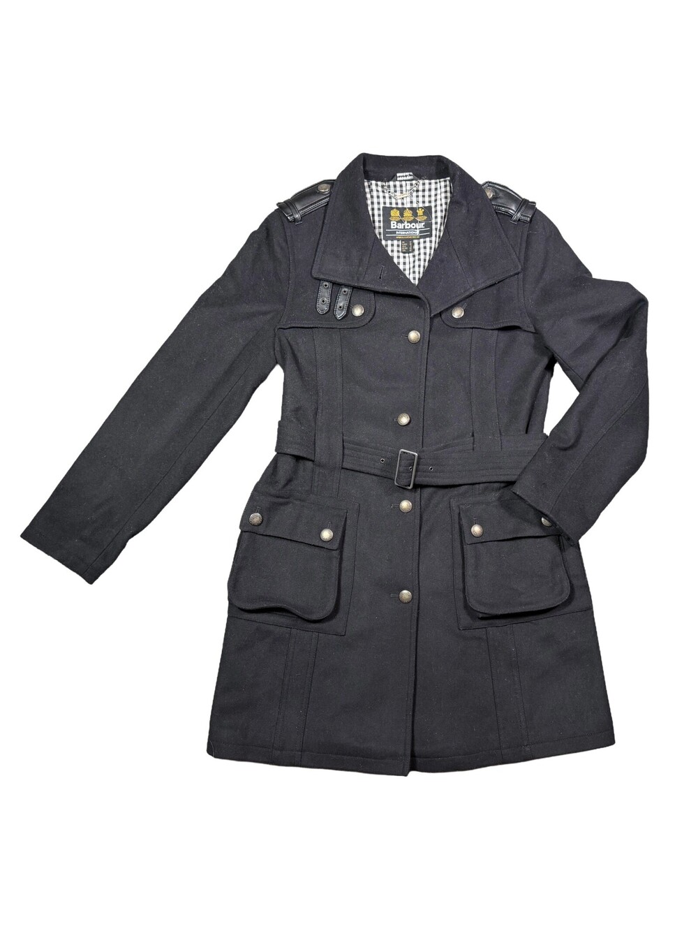 Barbour International Womens 8 Black Wool Cashmere Military Long Coat Belted